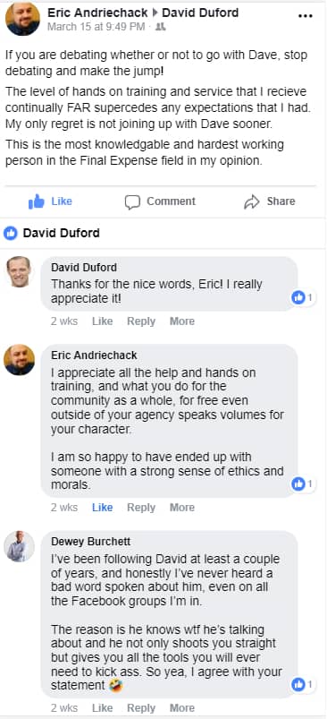 David Duford Agent Testimonials From Facebook