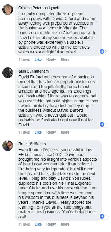 Several testimonials for David Duford from happy agents.