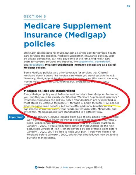 All Medicare Supplements are standardized per the Medicare And You Handbook For 2019, Page 69.