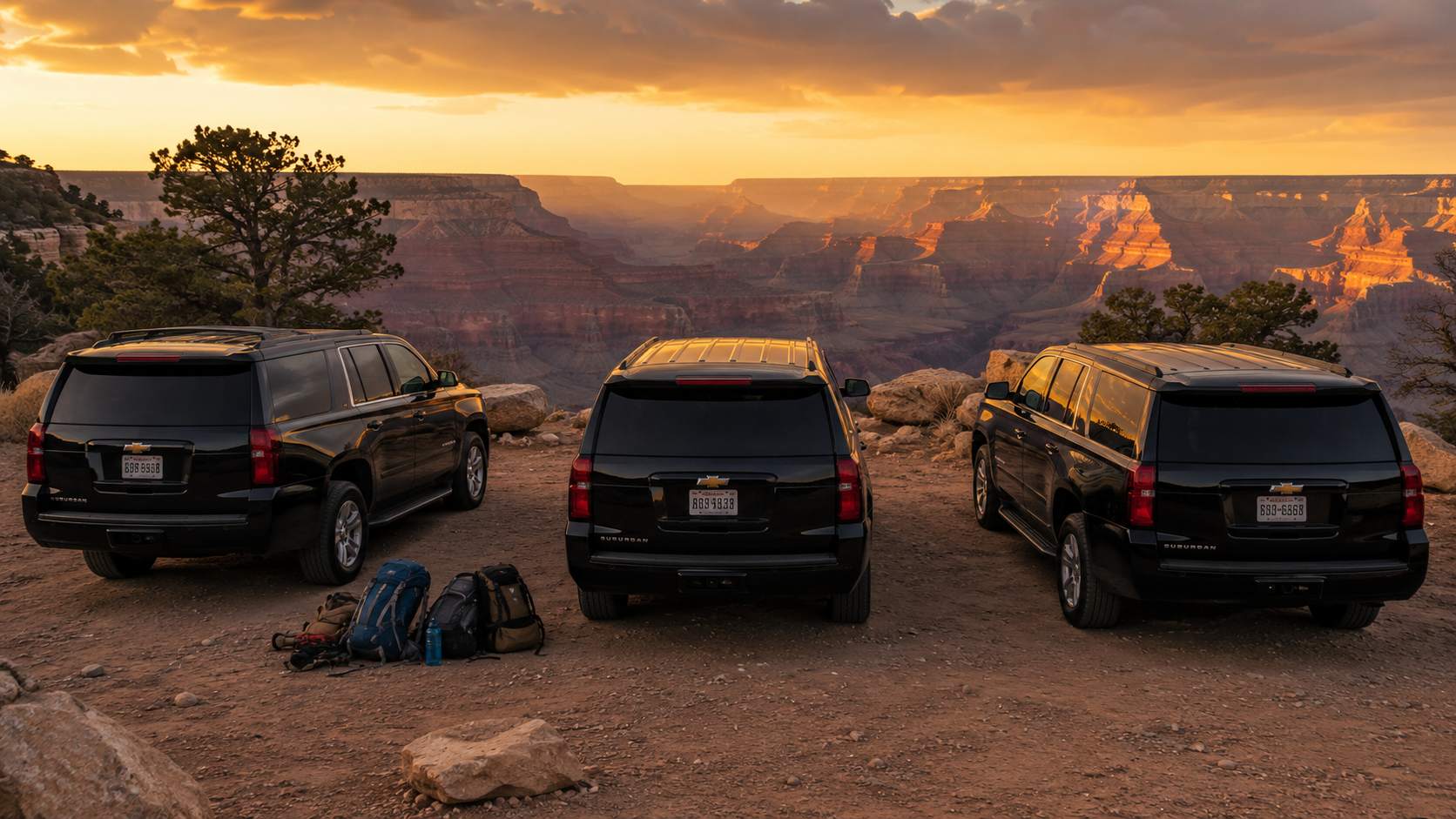 Three SUVs parked near the Grand Canyon