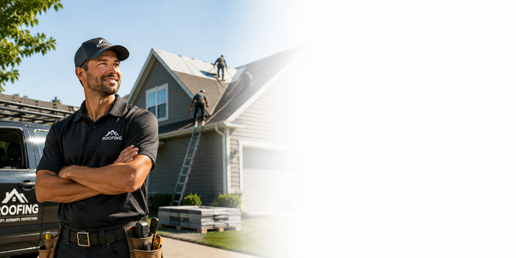 Roofing sales professional in front of a home with a crew on the roof